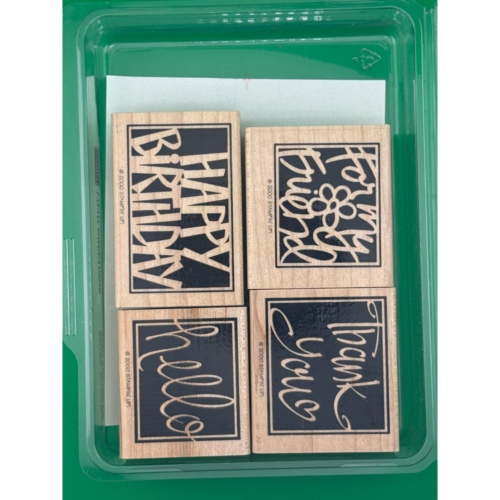 Stampin Up Vivid Greetings Retired 4pc Wood Rubber Stamp Set 2000 Thanks Hello